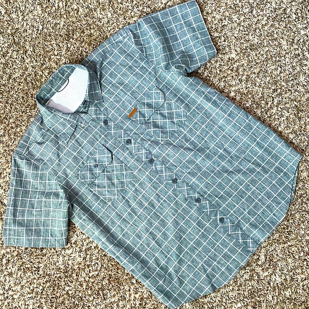 Orvis short sleeve button down gray plaid shirt mens large